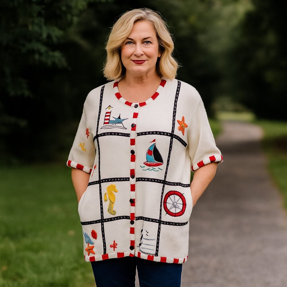 NWT Designers Original Studio Nautical Lighthouse Embroidered‎ Sweater Artsy L